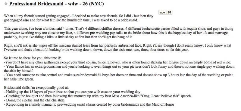 bridesmaid for hire craigslist ad 